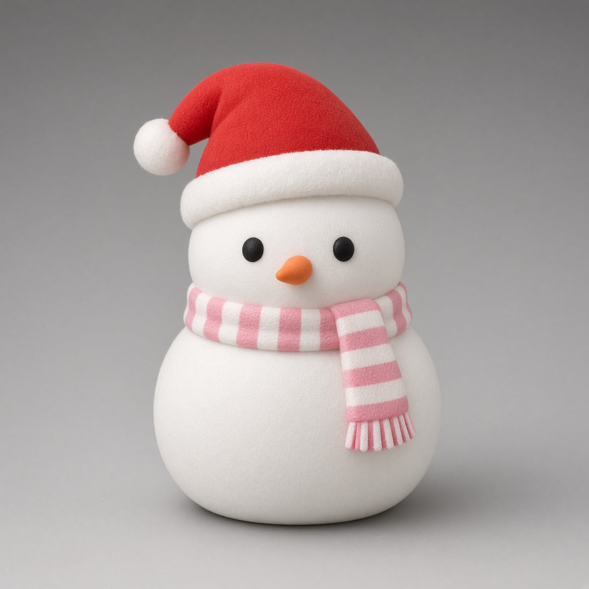 White crunchy snowman squishy toy wearing a red Santa hat and a pink and white striped scarf