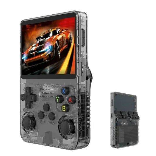 3.5 inch retro handheld game console in clear black, front and back
