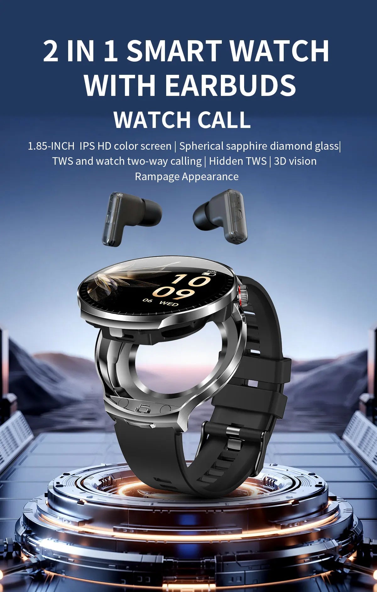 Smart Watch with Built-in Wireless Earbuds