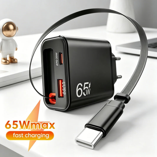 65W Fast Wall Charger with Retractable USB-C