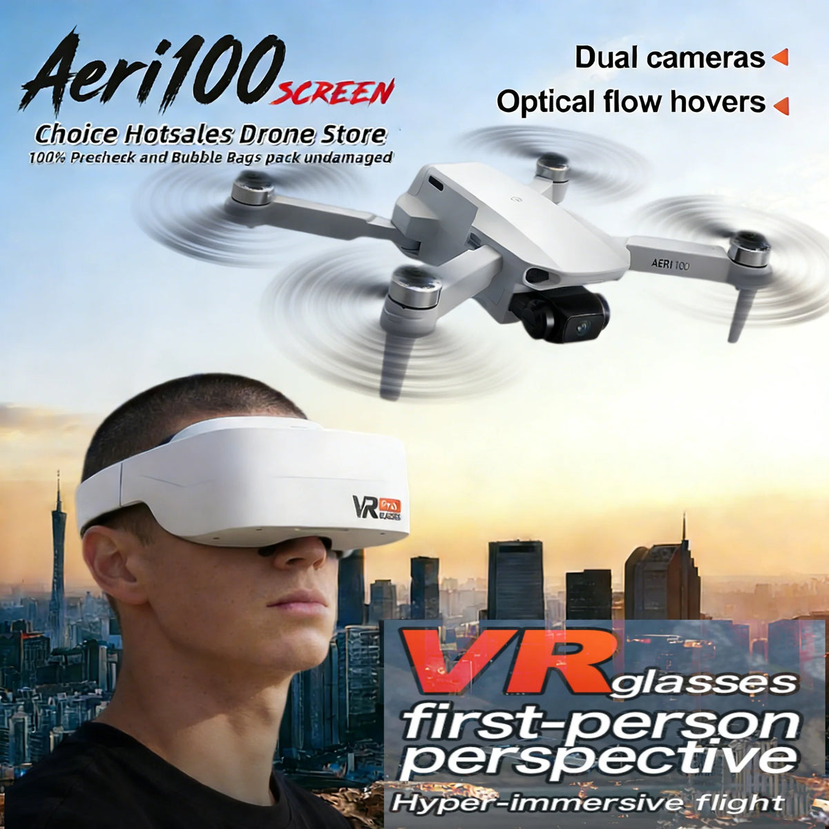 Mini brushless drone with VR headset and carry case