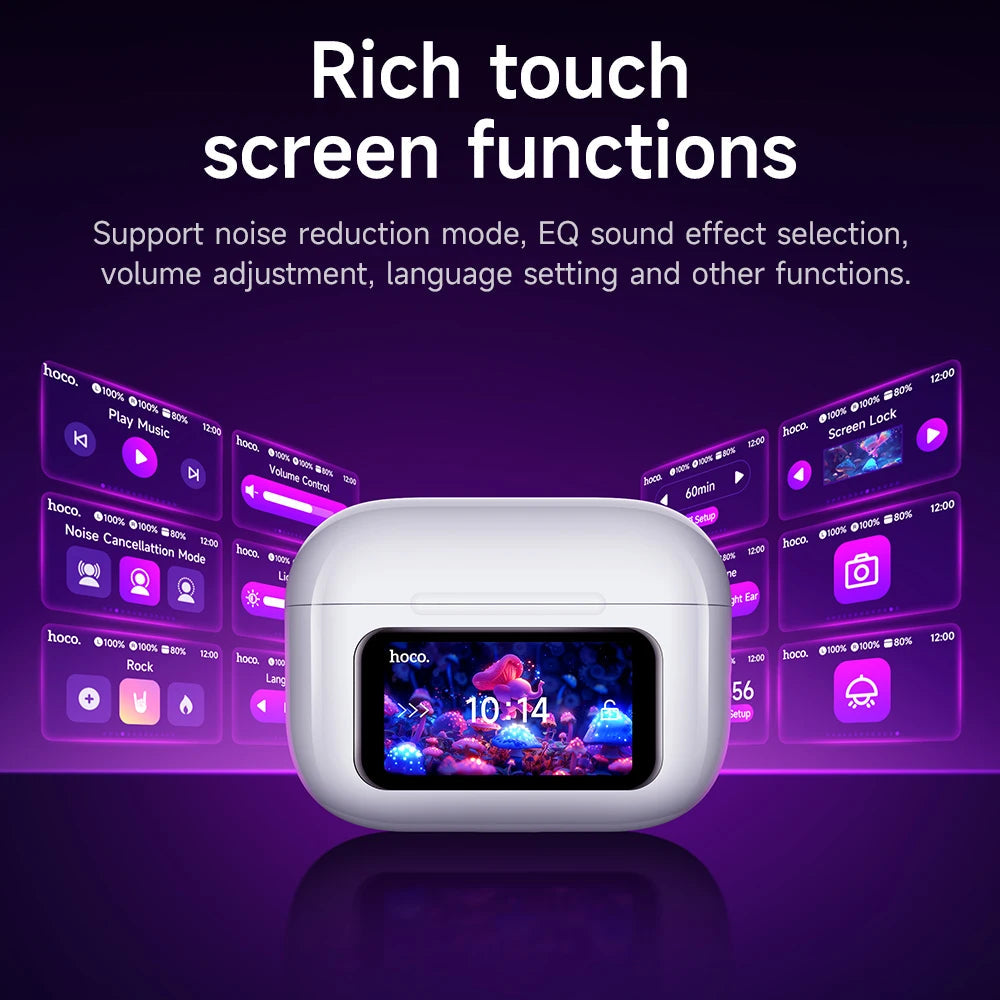 Touchscreen charging case showing music, volume and noise cancelling controls