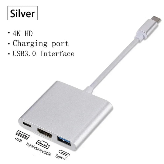 3-in-1 USB-C Hub with 4K HDMI & PD Charging, Silver