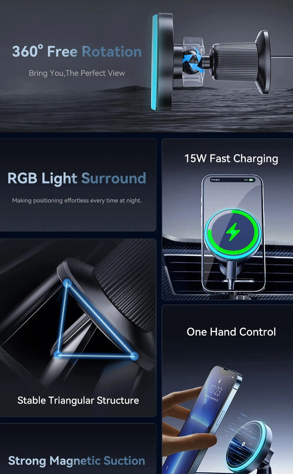 Cooling Magnetic Car Phone Mount with Wireless Charger