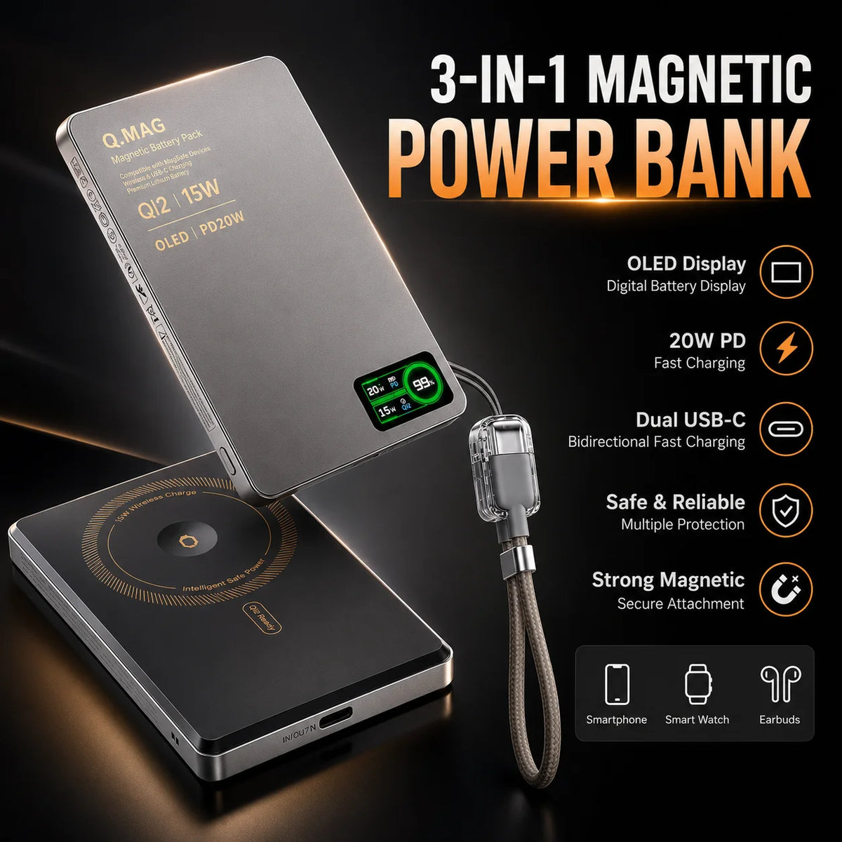 Magnetic Wireless Power Bank 3-in-1