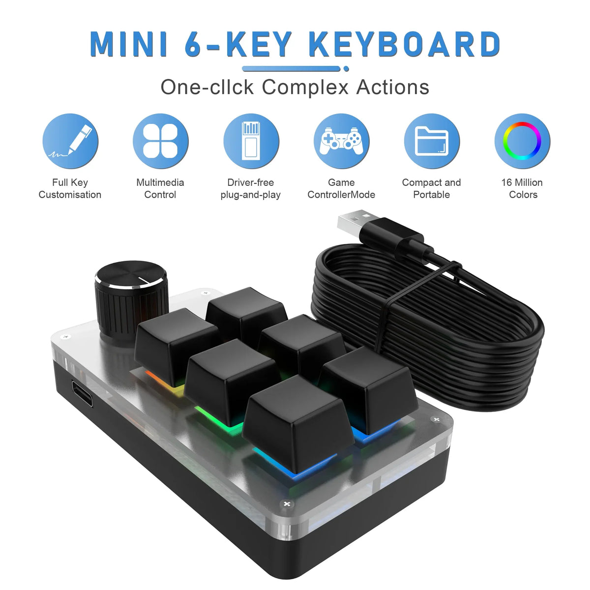 Mini 6-Key Macro Keypad with Knob