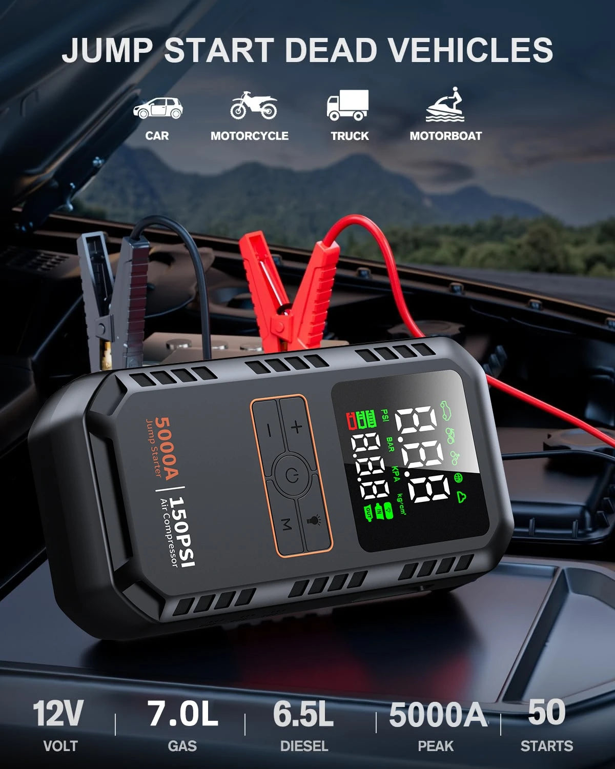 4-in-1 Car Jump Starter with Air Compressor, Power Bank and Tire Inflator