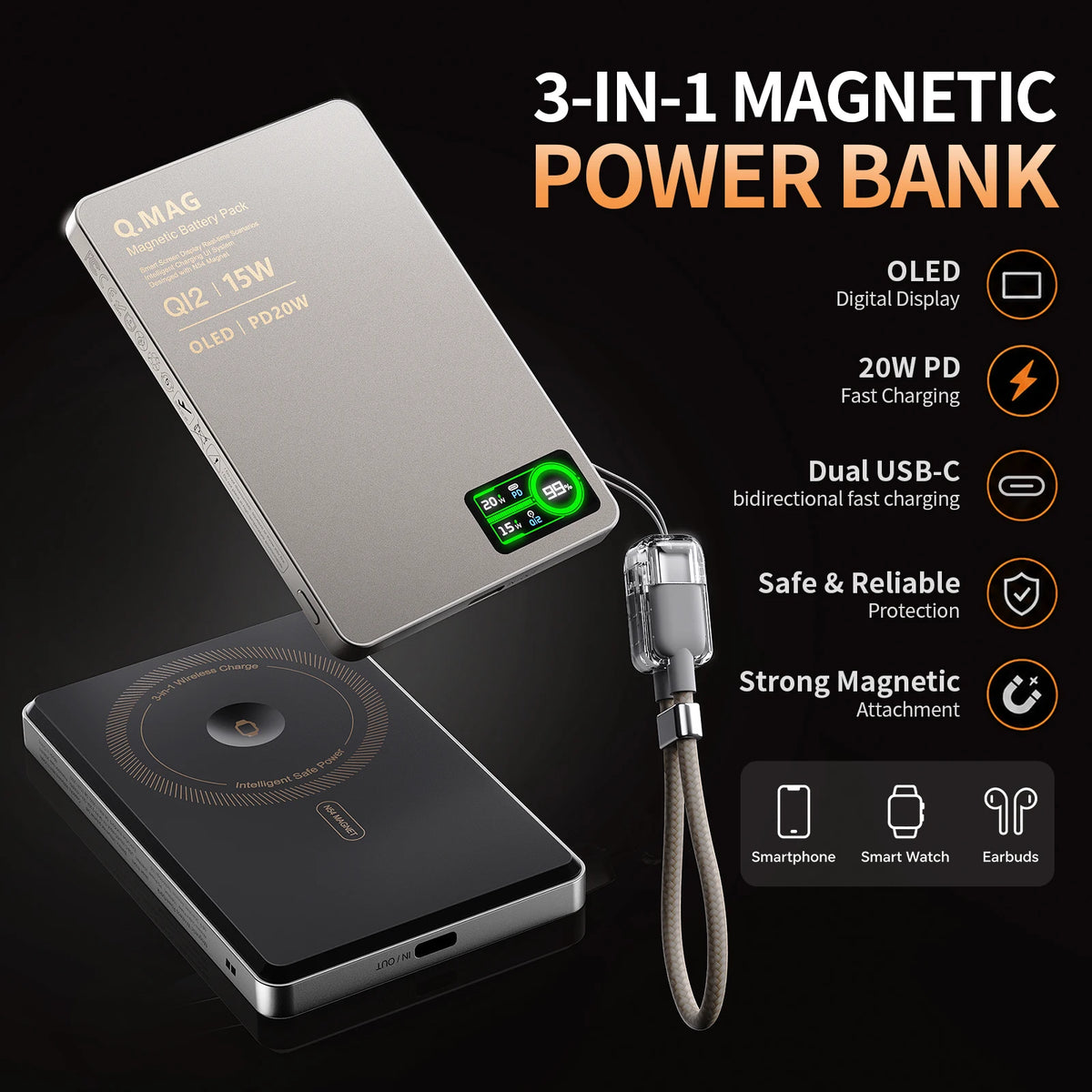 Magnetic Wireless Power Bank 3-in-1