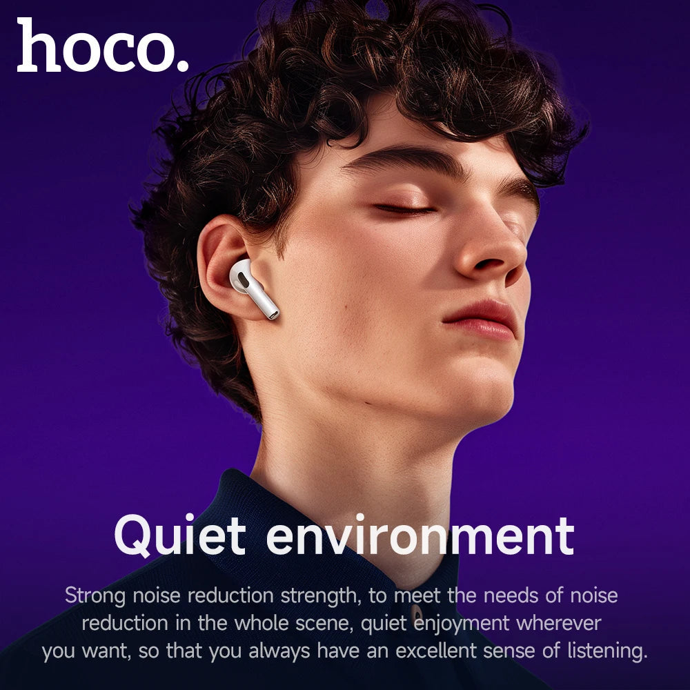 Man wearing a white wireless earbud with noise cancelling