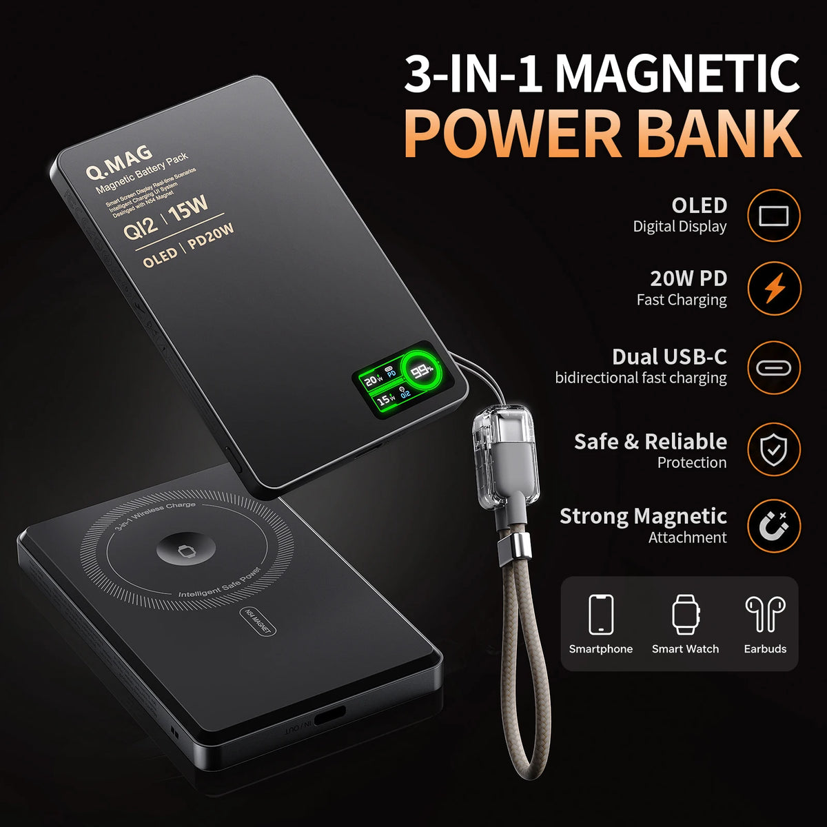 Magnetic Wireless Power Bank 3-in-1
