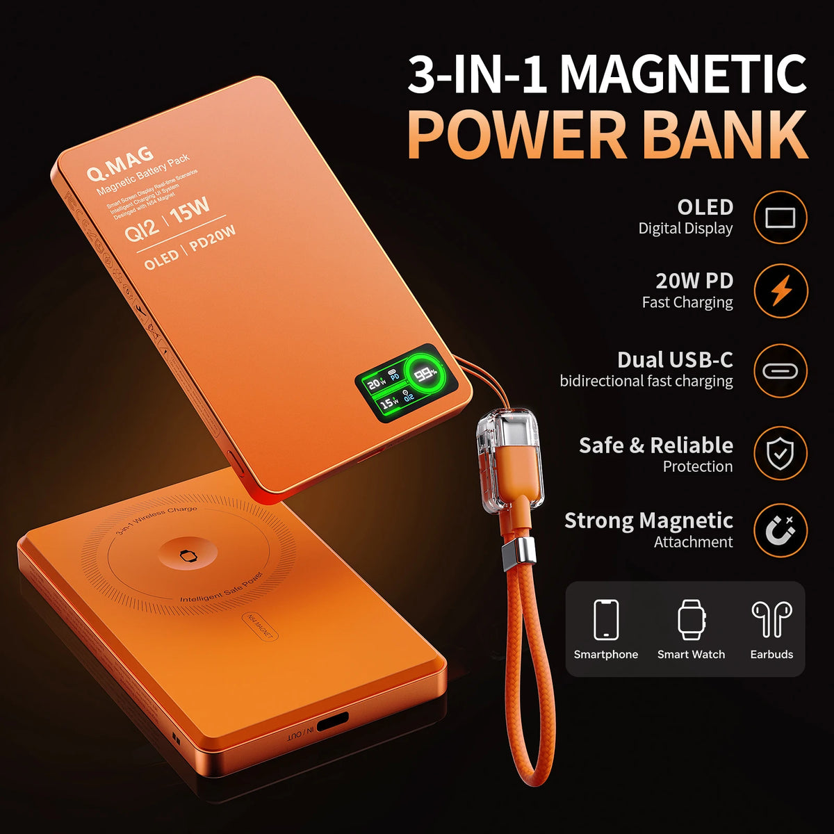 Magnetic Wireless Power Bank 3-in-1