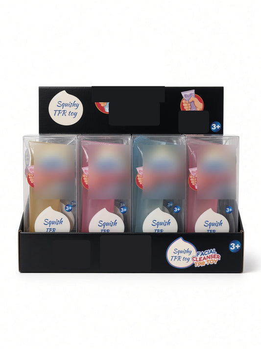 Display of facial cleanser tube squishies in assorted colors inside clear boxes