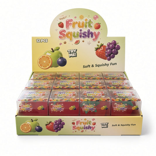 Fruit squishy retail display box filled with coconut oil fruit squishies in clear packs