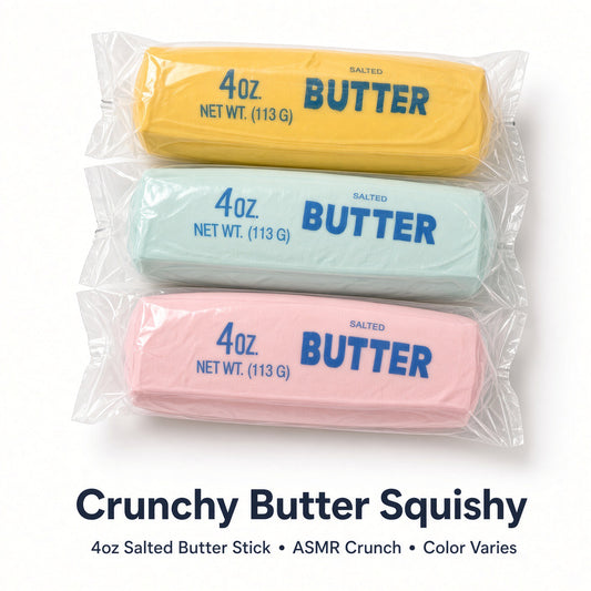 Three crunchy butter stick squishies in yellow, light blue and pink wrappers labeled 4 oz butter