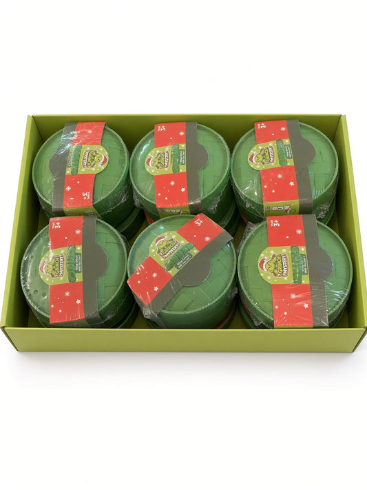 Tray of green mystery dumpling squishy containers with red labels
