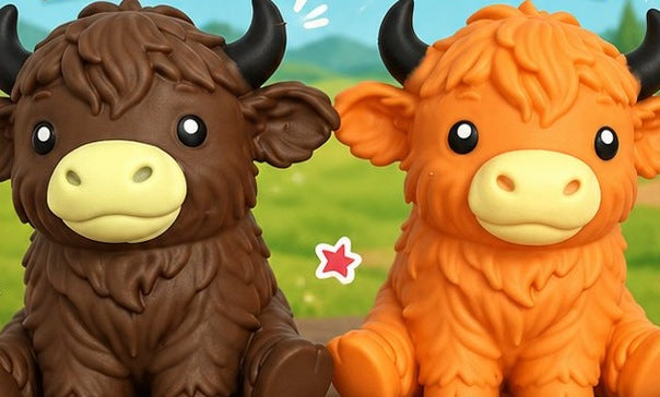 Jumbo highland cow squishy toy close-up, shown in brown and orange