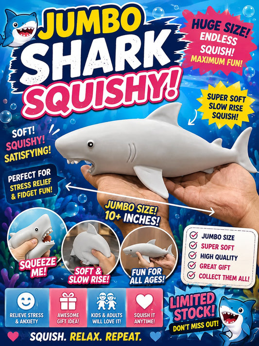 Gray jumbo shark squishy, over 10 inches long, shown on a product graphic