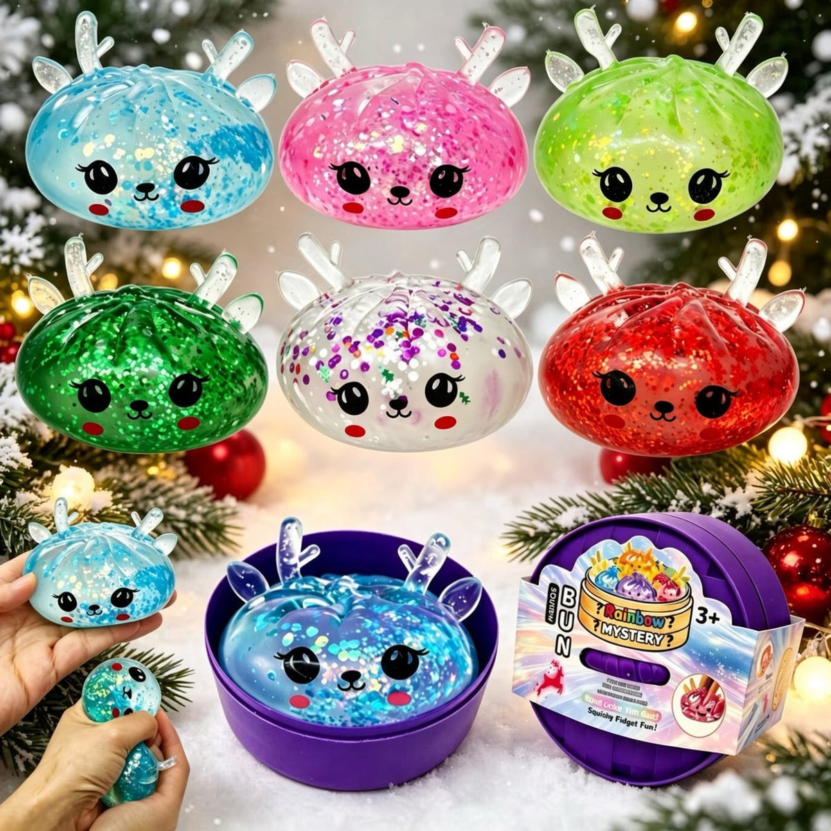Assorted glitter reindeer dumpling squishies with antlers in blue, pink, green, white and red beside a mystery capsule
